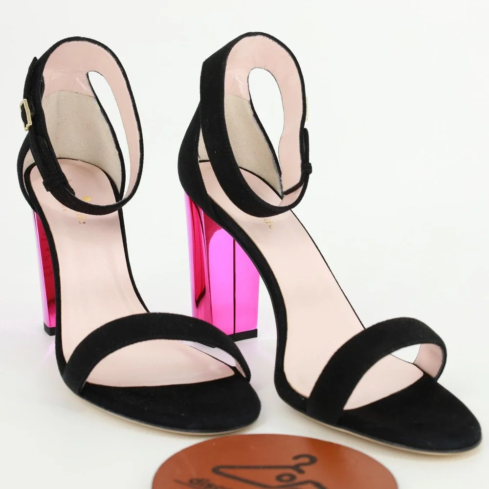 Kate Spade Ilona‎ Too Black Kid Suede Fuchsia Mirror Block Heel Sandals 9.5M